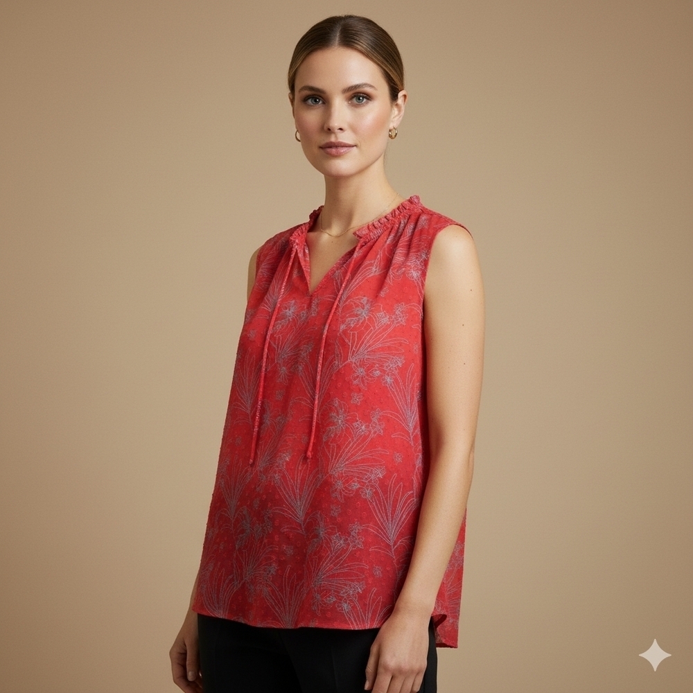 Alfred Sung Women's Size L Poppy Red Floral Ruffle Peasant Sheer Sleeveless Top